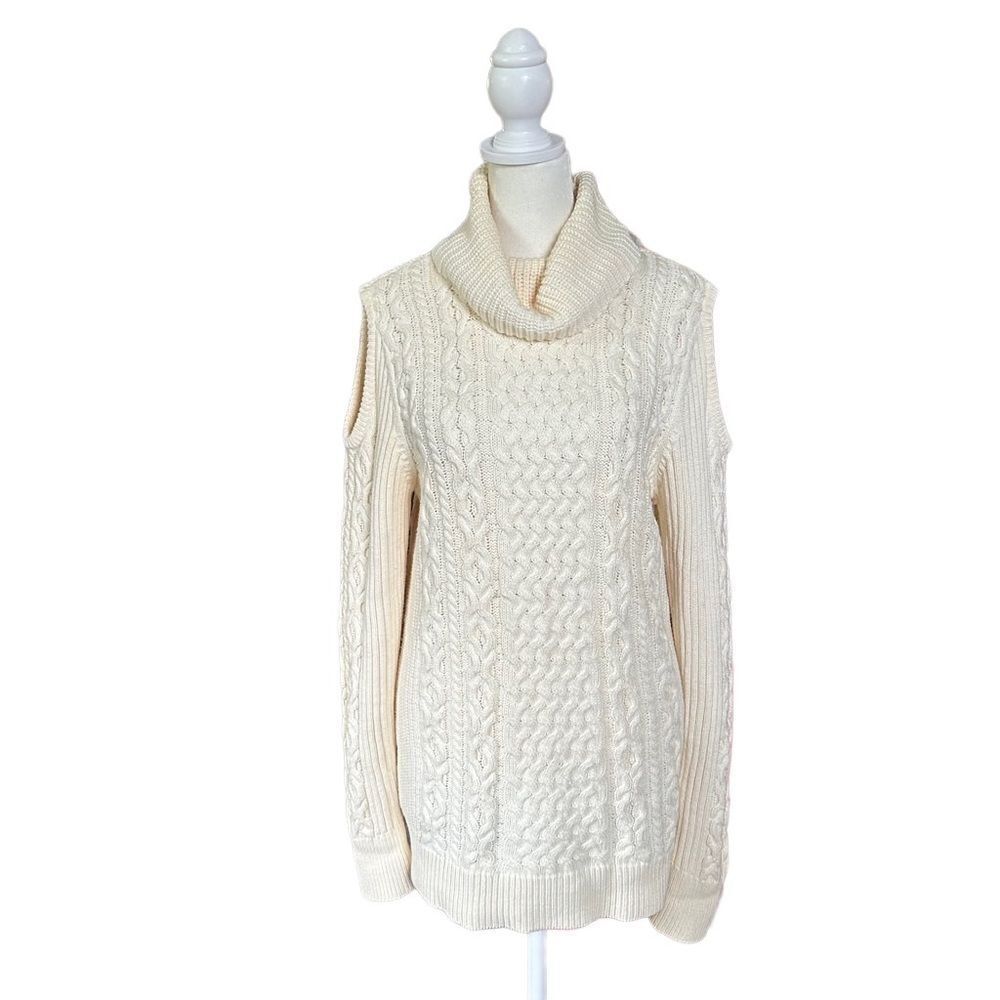 Ruff Hewn Cable Knit Cowl Turtleneck Cold Shoulder Sweater Ivory Cream Sz Large